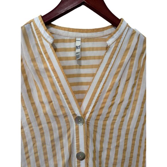 Zara Trf Collection Mustard Yellow Striped Mother of Pearl Blouse Size XS - Picture 7 of 13